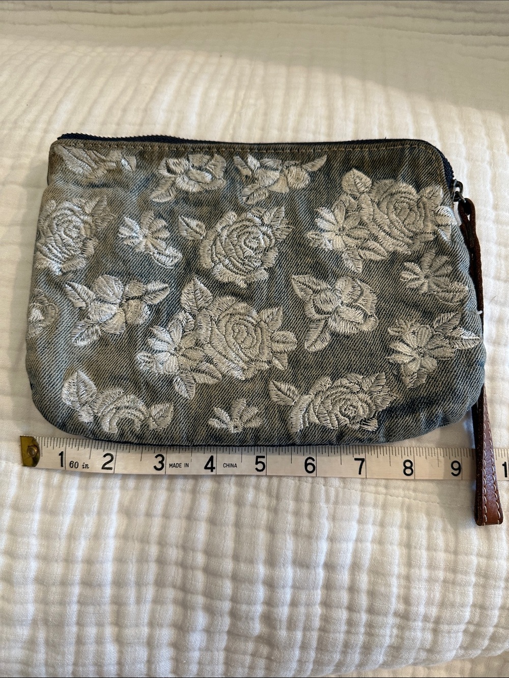 Patricia Nash Denim Floral Embroidered Zip Wristlet tan inside with pockets